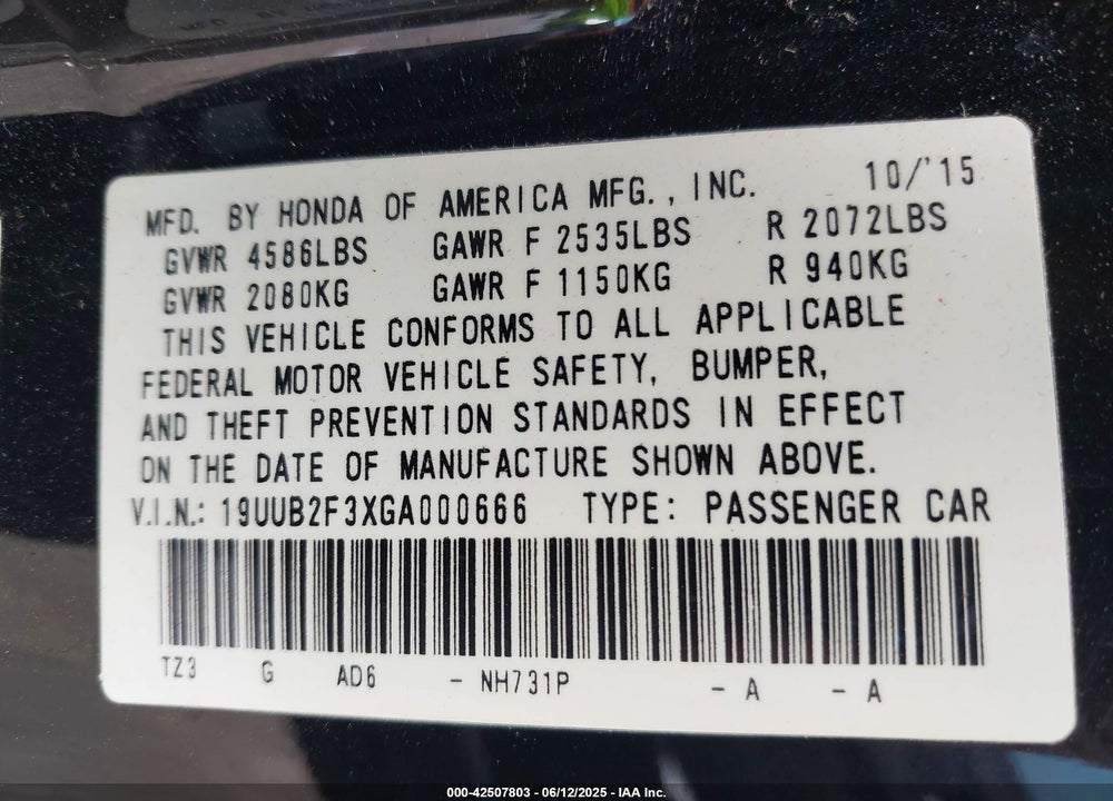 2016 ACURA TLX VIN: 19UUB2F3XGA000666