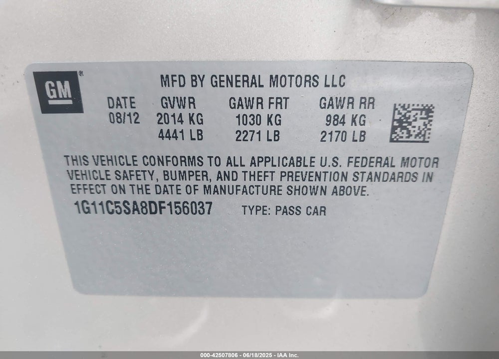 2013 CHEVROLET MALIBU VIN: 1G11C5SA8DF156037