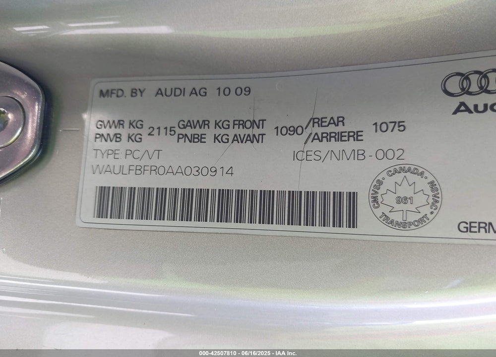 2010 AUDI A5 2.0T/2.0T PREMIUM VIN: WAULFBFR0AA030914