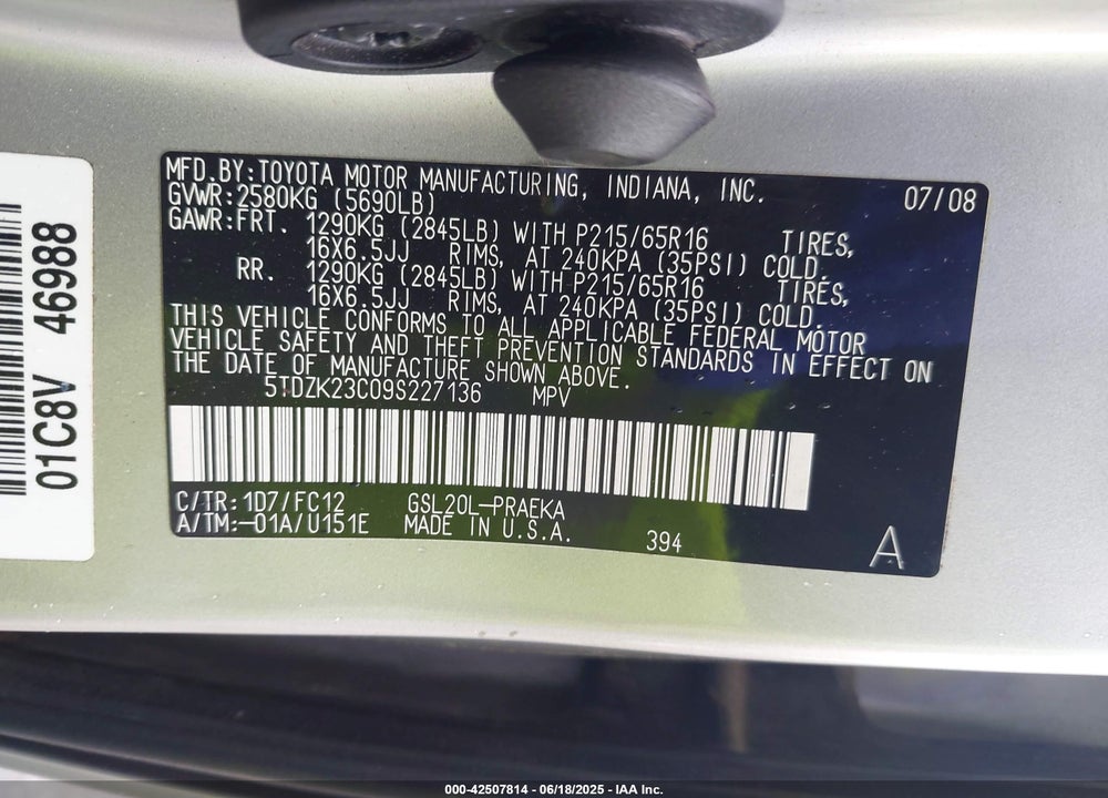 2009 TOYOTA SIENNA LE VIN: 5TDZK23C09S227136