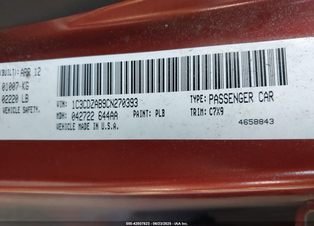 2012 DODGE AVENGER VIN: 1C3CDZAB9CN270393