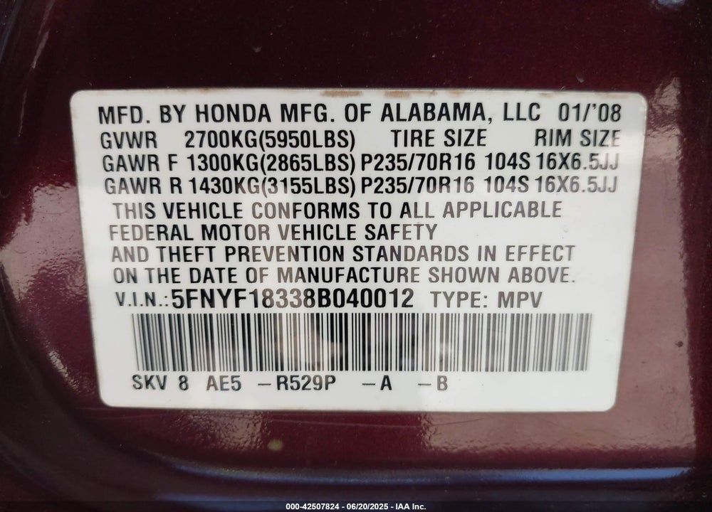 2008 HONDA PILOT SE VIN: 5FNYF18338B040012