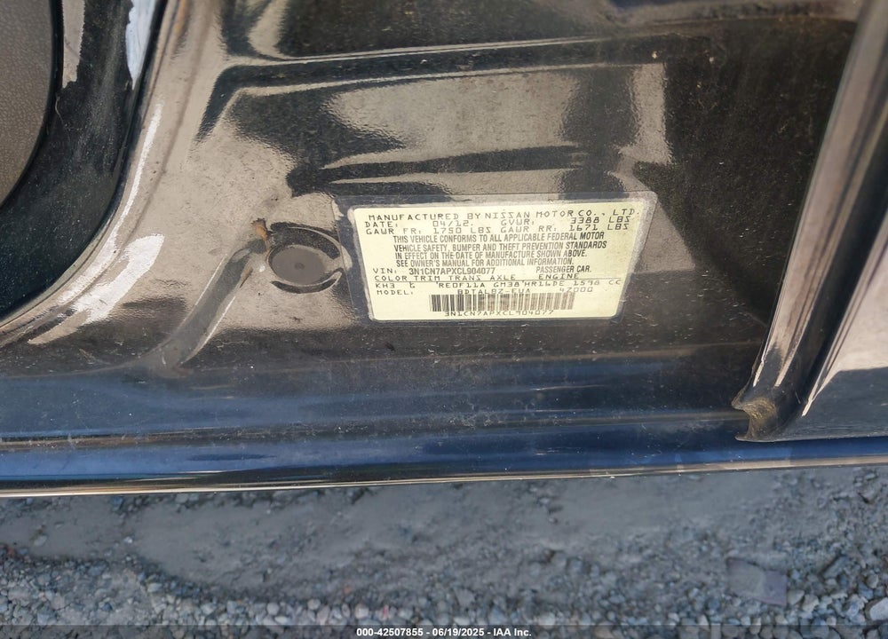 2012 NISSAN VERSA VIN: 3N1CN7APXCL904077