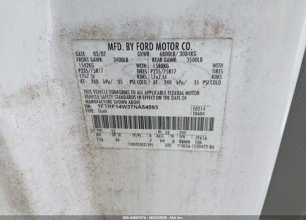 2007 FORD F-150 VIN: 1FTRF14W37NA54593