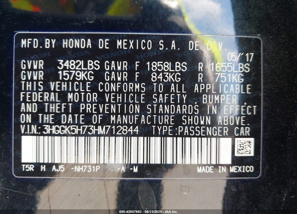 2017 HONDA FIT VIN: 3HGGK5H73HM712844