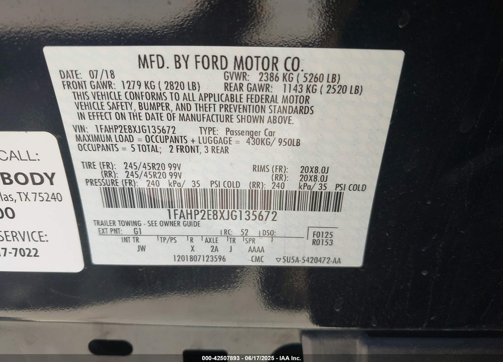 2018 FORD TAURUS VIN: 1FAHP2E8XJG135672