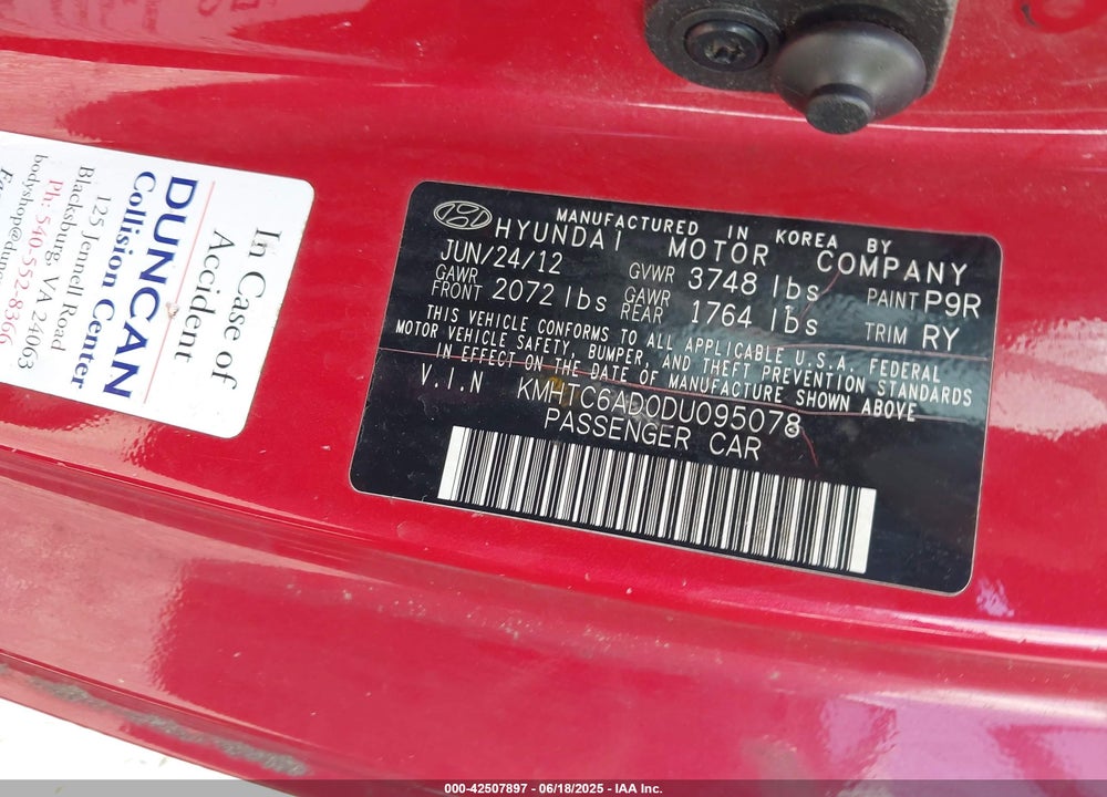 2013 HYUNDAI VELOSTER VIN: KMHTC6AD0DU095078