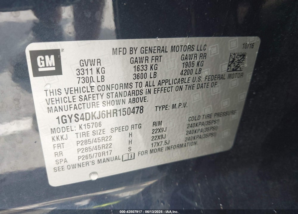 2017 CADILLAC ESCALADE VIN: 1GYS4DKJ6HR150478