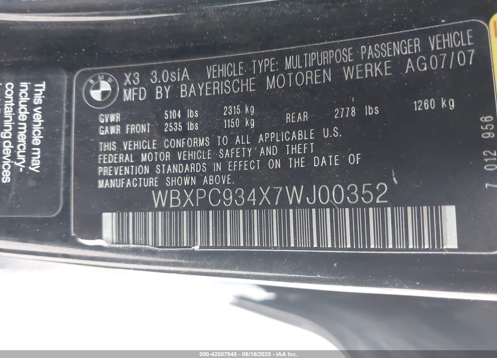 2007 BMW X3 3.0SI VIN: WBXPC934X7WJ00352