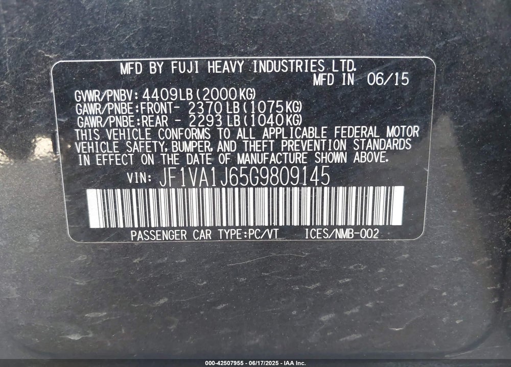 2016 SUBARU WRX VIN: JF1VA1J65G9809145