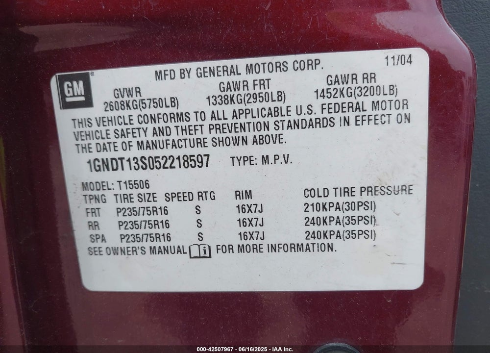 2005 CHEVROLET TRAILBLAZER LS VIN: 1GNDT13S052218597