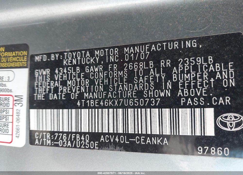 2007 TOYOTA CAMRY VIN: 4T1BE46KX7U650737
