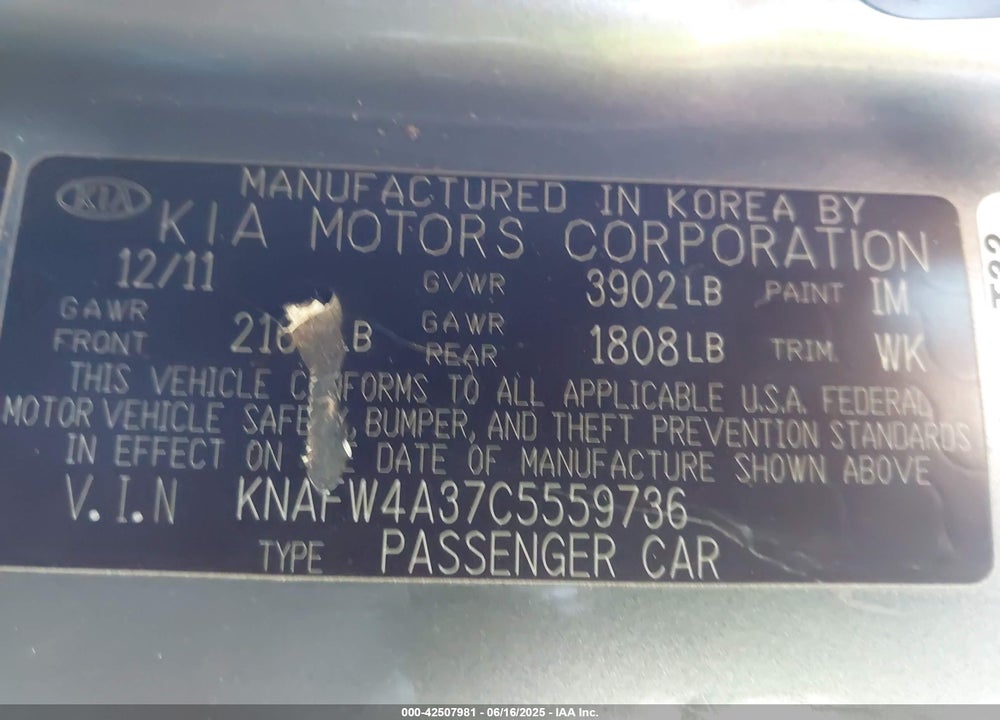 2012 KIA FORTE VIN: KNAFW4A37C5559736