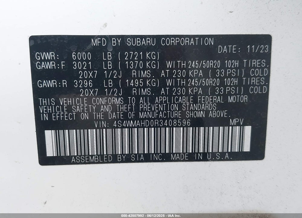 2024 SUBARU ASCENT VIN: 4S4WMAHD0R3408596