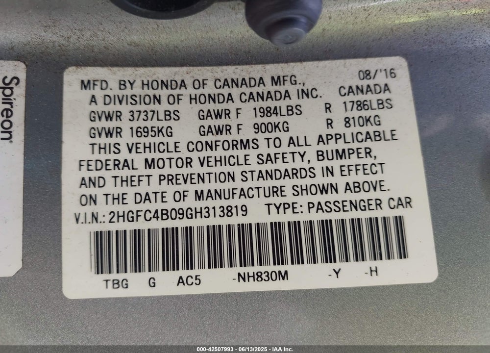 2016 HONDA CIVIC VIN: 2HGFC4B09GH313819