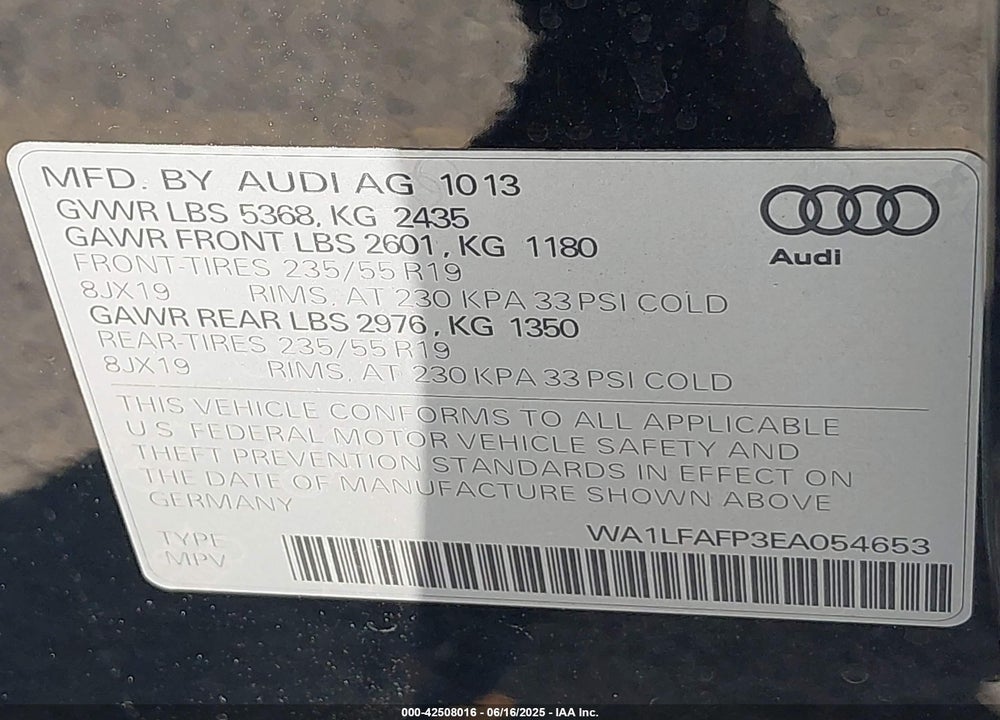2014 AUDI Q5 VIN: WA1LFAFP3EA054653