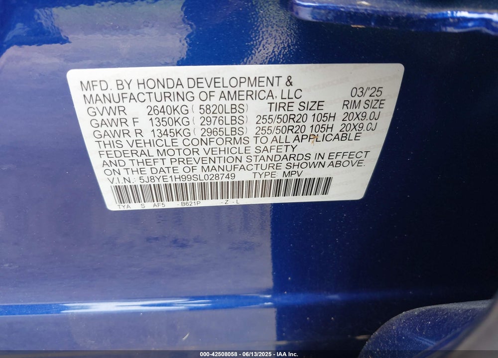 2025 ACURA MDX VIN: 5J8YE1H99SL028749
