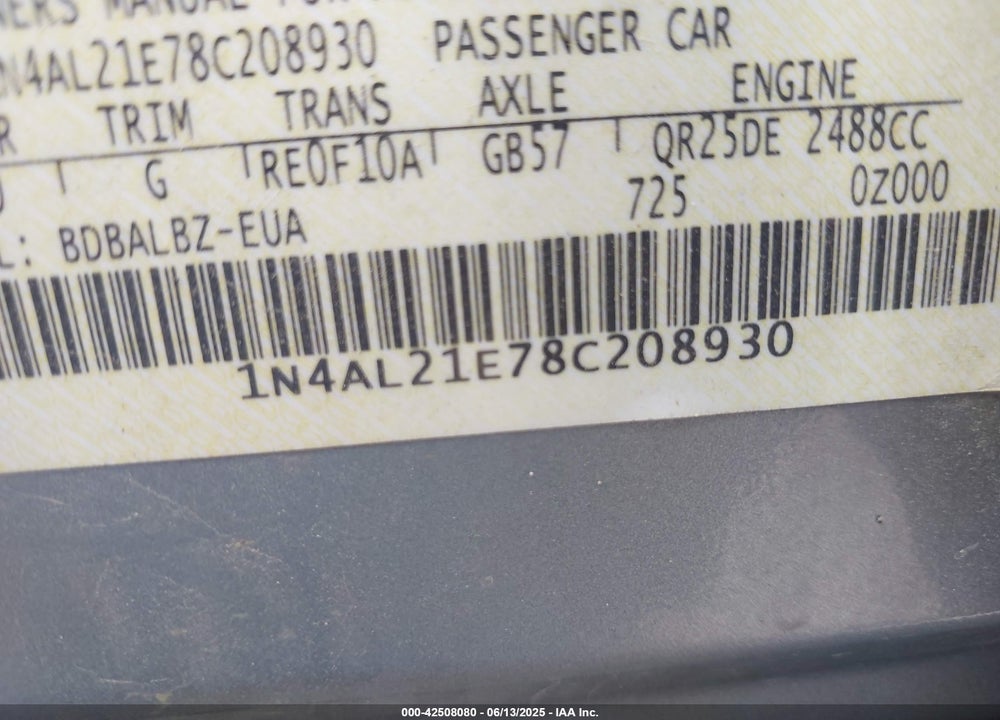 2008 NISSAN ALTIMA VIN: 1N4AL21E78C208930