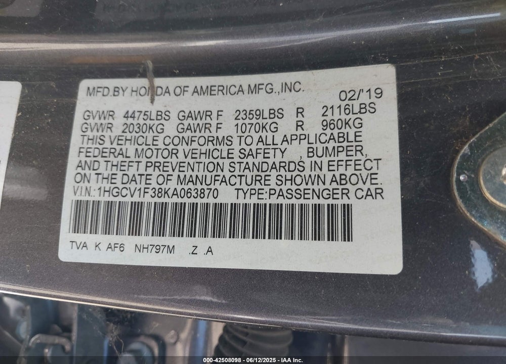 2019 HONDA ACCORD VIN: 1HGCV1F38KA063870