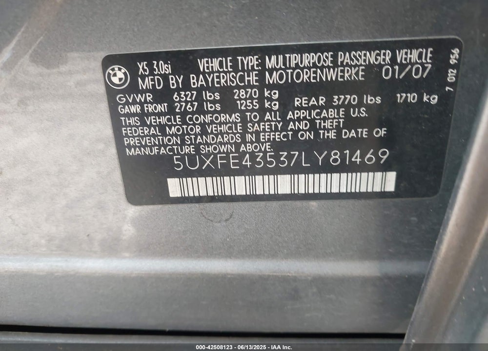 2007 BMW X5 3.0SI VIN: 5UXFE43537LY81469