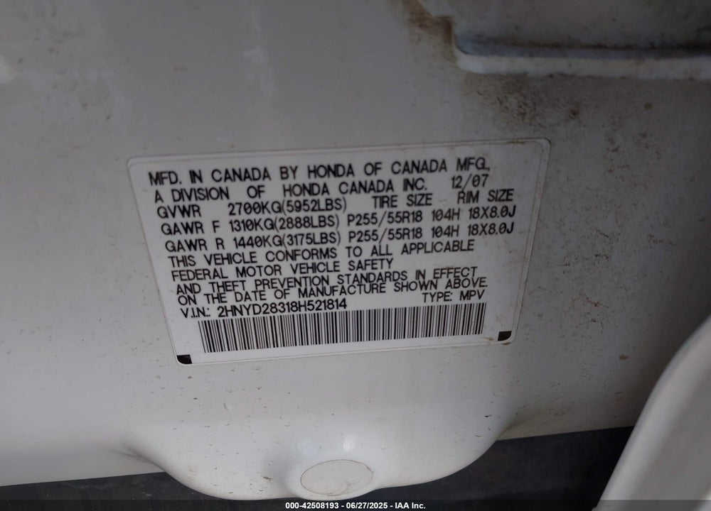 2008 ACURA MDX TECHNOLOGY PACKAGE VIN: 2HNYD28318H521814