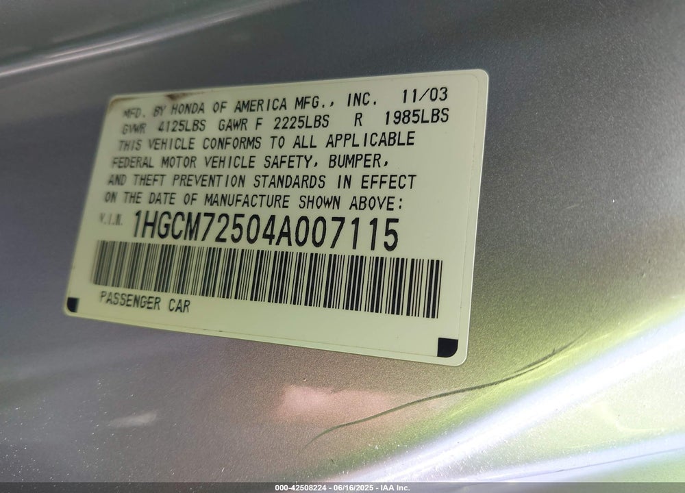 2004 HONDA ACCORD 2.4 EX VIN: 1HGCM72504A007115