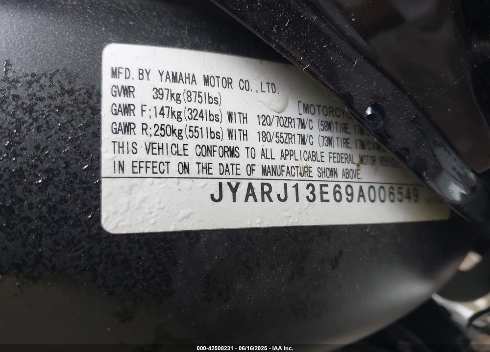 2009 YAMAHA FZ6 SHG VIN: JYARJ13E69A006549