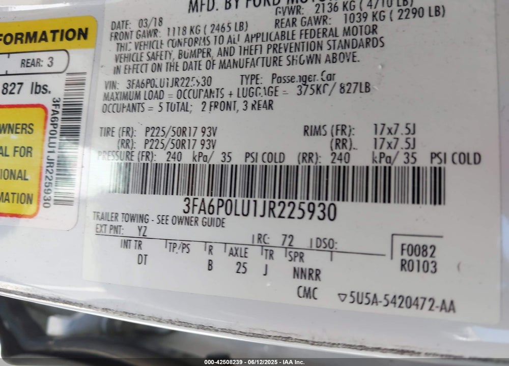 2018 FORD FUSION HYBRID SE VIN: 3FA6P0LU1JR225930