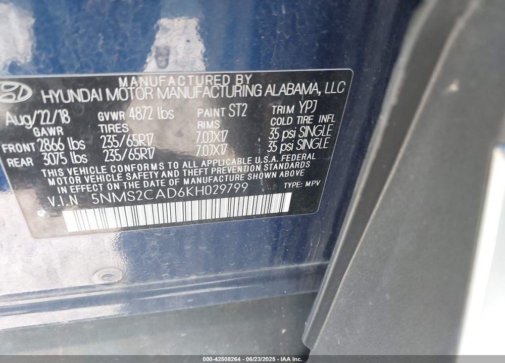 2019 HYUNDAI SANTA FE SE VIN: 5NMS2CAD6KH029799