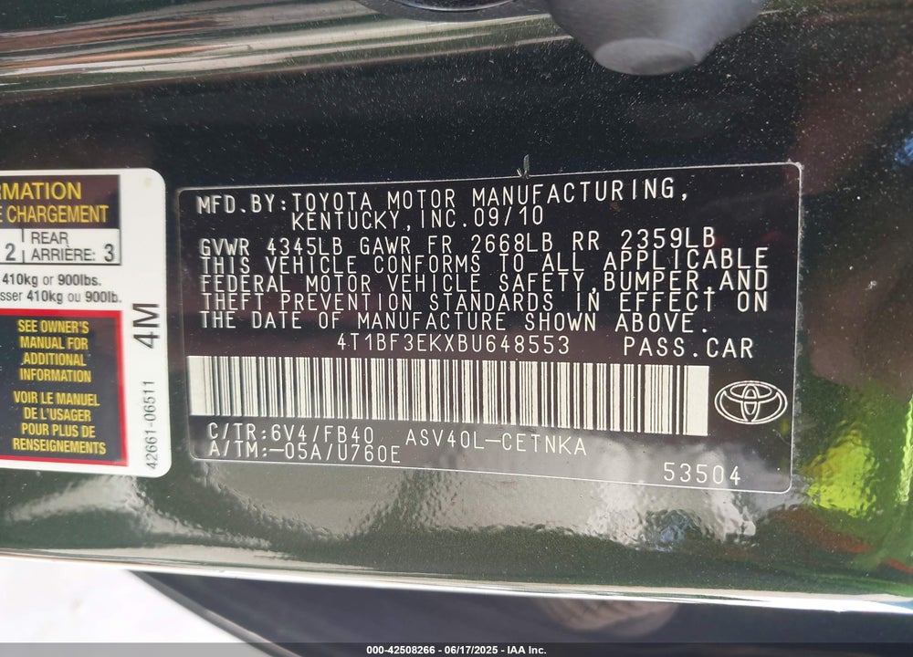 2011 TOYOTA CAMRY VIN: 4T1BF3EKXBU648553