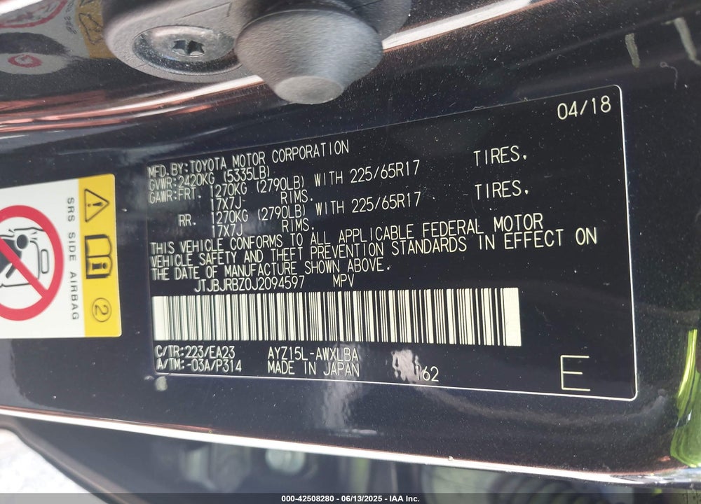 2018 LEXUS NX 300H VIN: JTJBJRBZ0J2094597