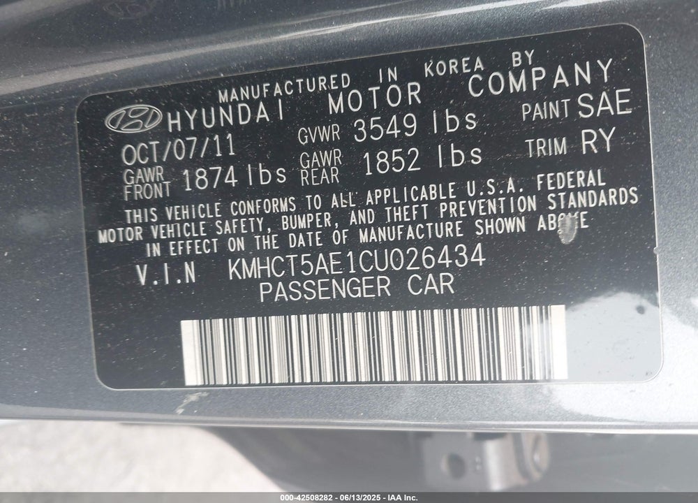 2012 HYUNDAI ACCENT VIN: KMHCT5AE1CU026434