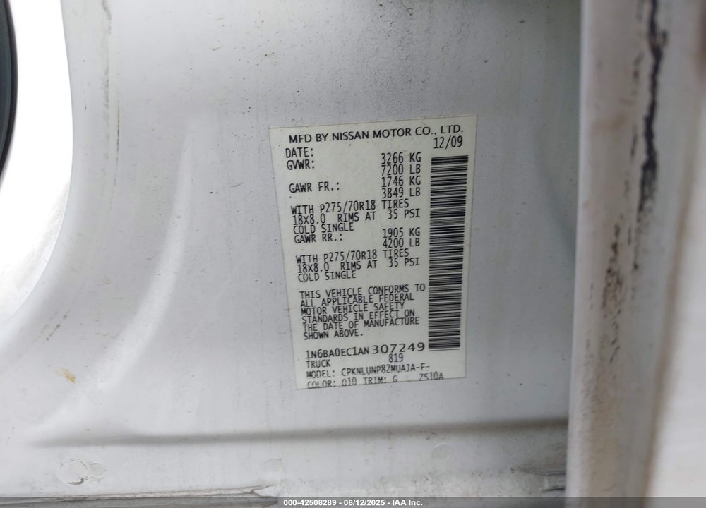 2010 NISSAN TITAN PRO-4X VIN: 1N6BA0EC1AN307249