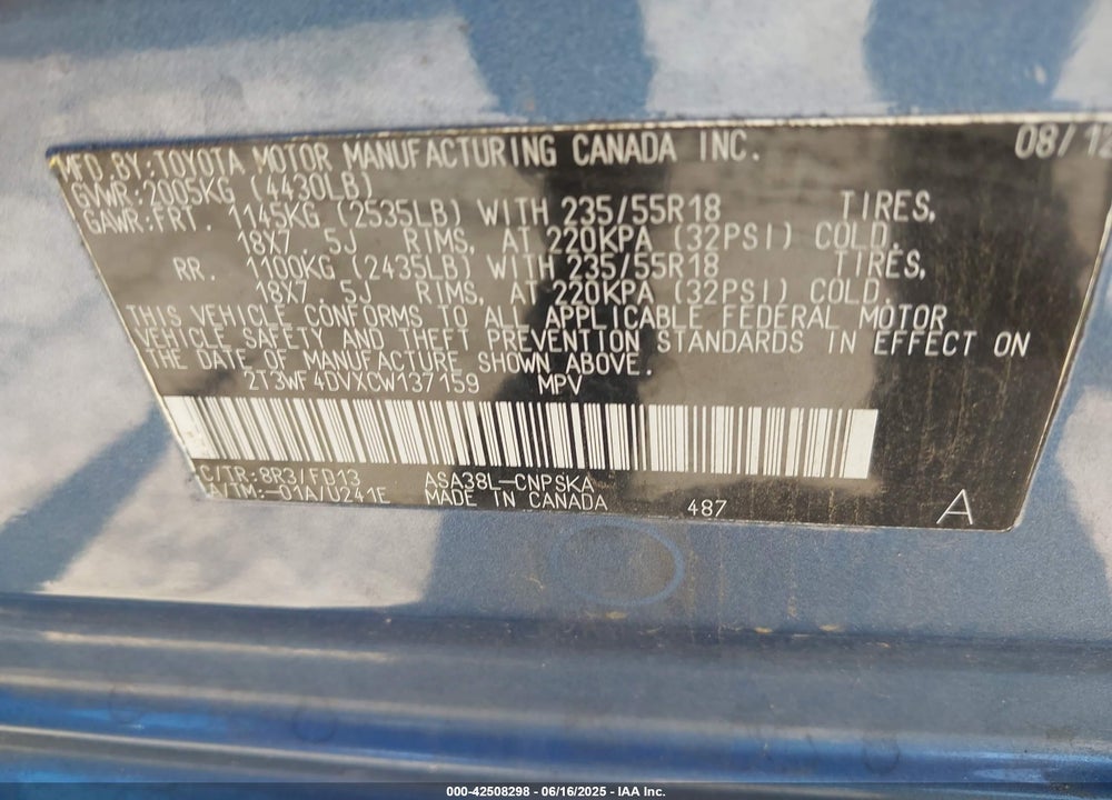 2012 TOYOTA RAV4 VIN: 2T3WF4DVXCW137159