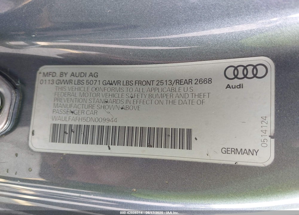 2013 AUDI A5 2.0T PREMIUM VIN: WAULFAFH5DN009944