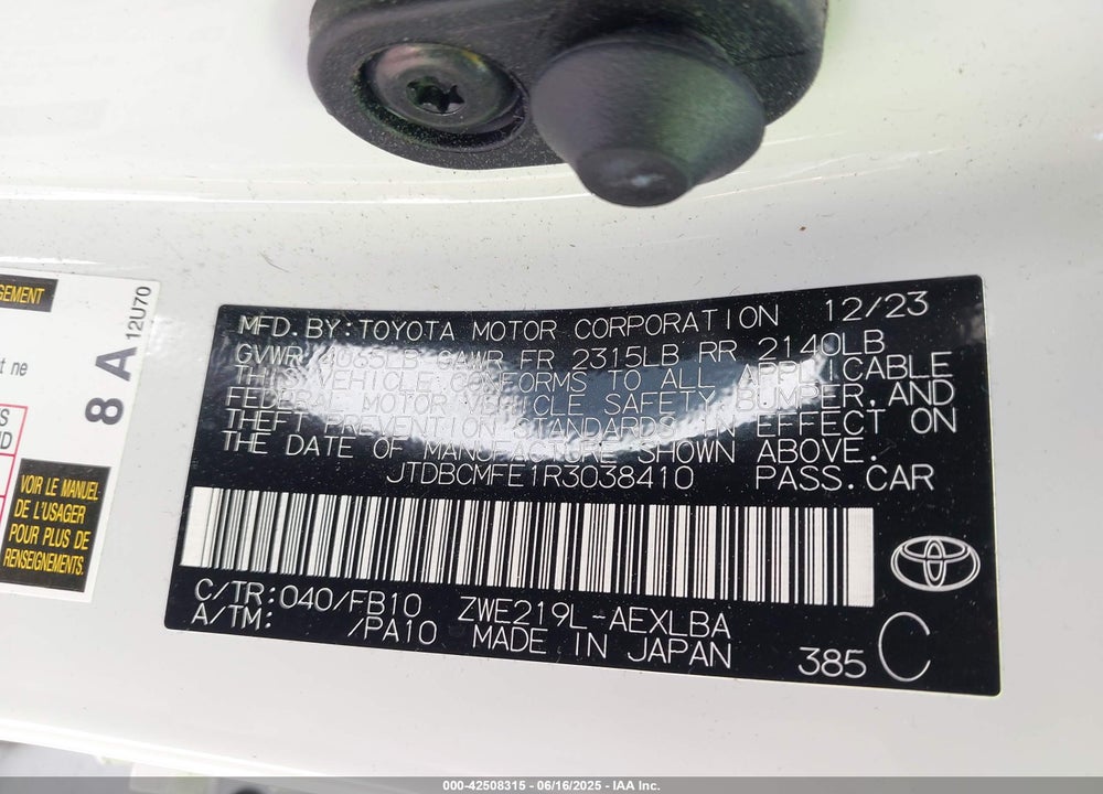 2024 TOYOTA COROLLA VIN: JTDBCMFE1R3038410