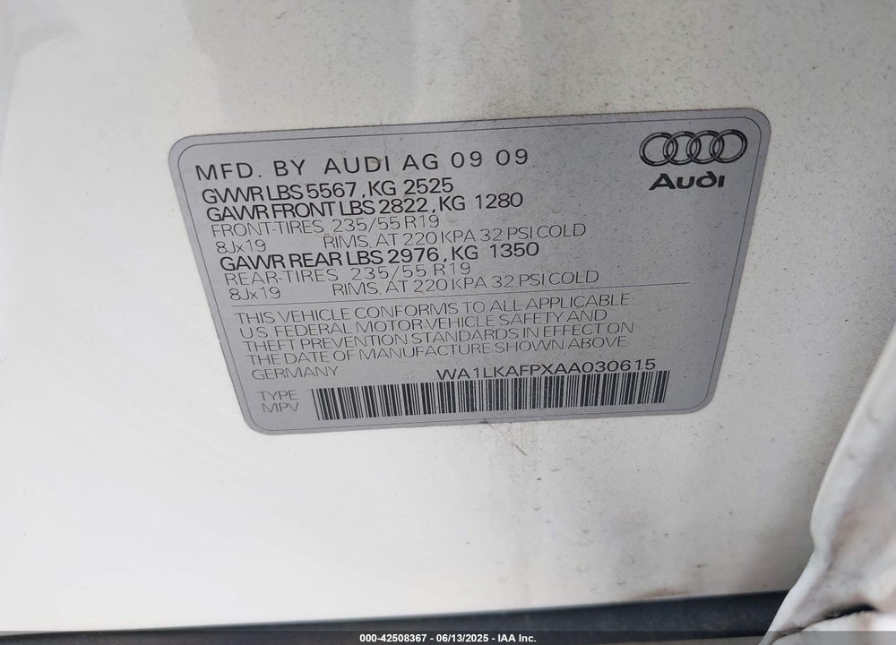 2010 AUDI Q5 3.2 PREMIUM VIN: WA1LKAFPXAA030615