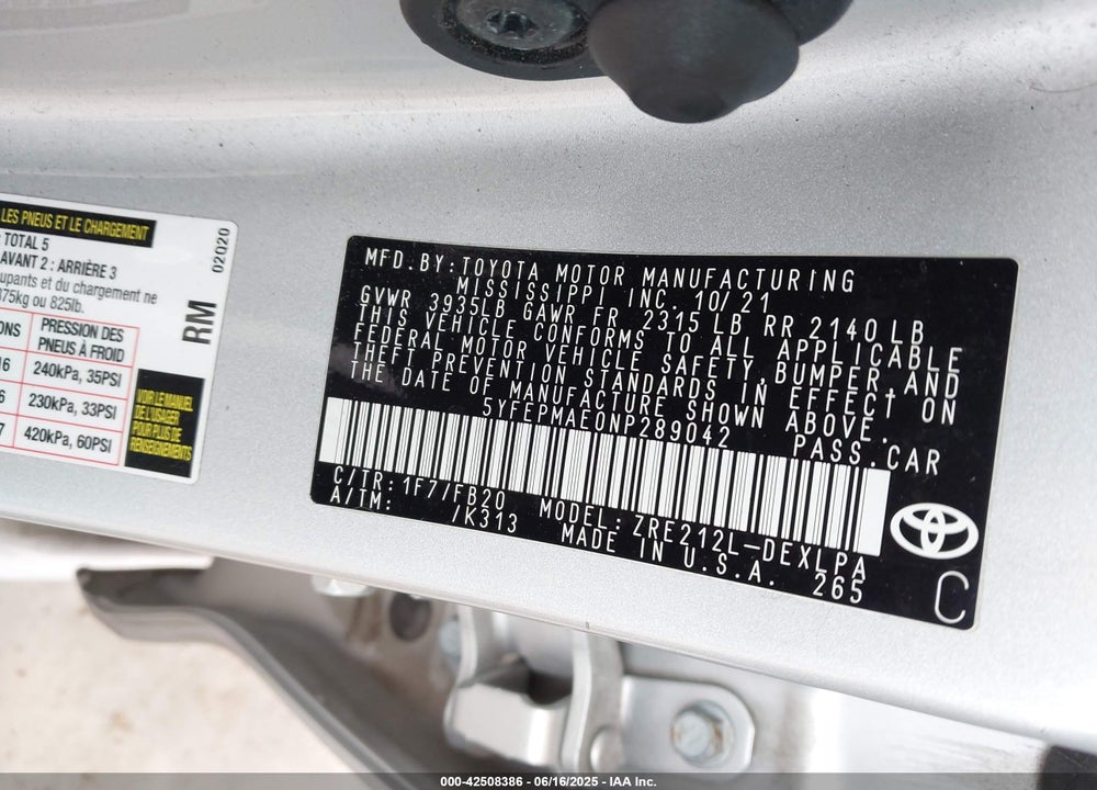 2022 TOYOTA COROLLA VIN: 5YFEPMAE0NP289042