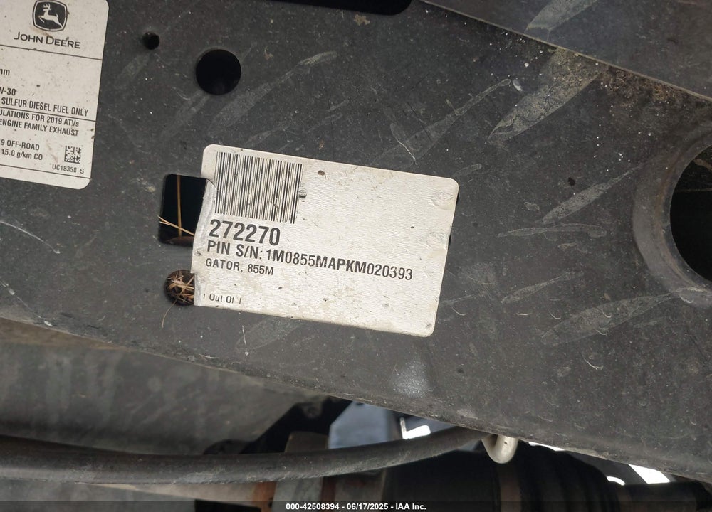 2019 JOHN DEERE XUV855M GATOR VIN: 1M0855MAPKM020393