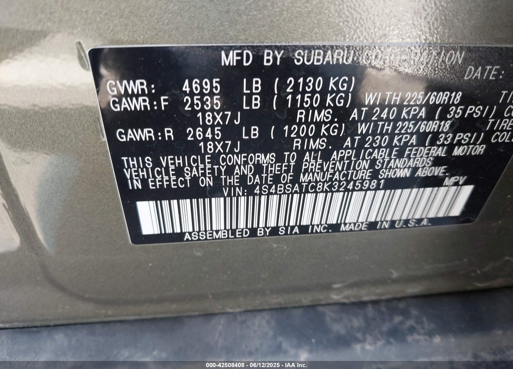 2019 SUBARU OUTBACK VIN: 4S4BSATC8K3245981
