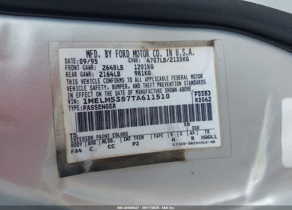 1996 MERCURY SABLE LS VIN: 1MELM53S7TA611510