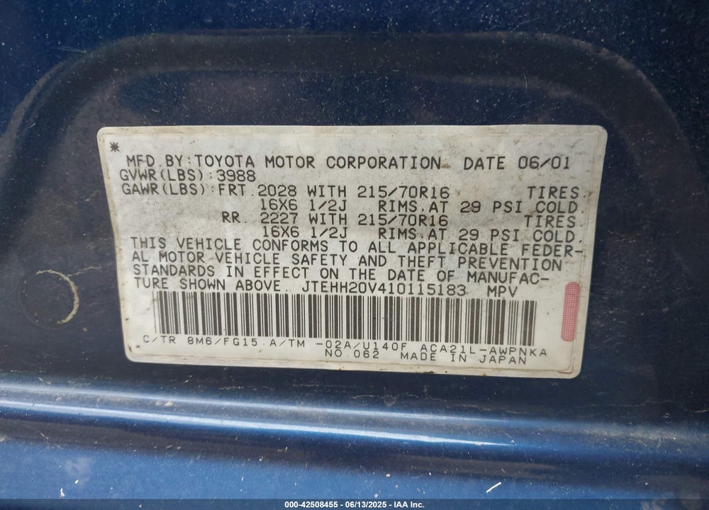 2001 TOYOTA RAV4 VIN: JTEHH20V410115183
