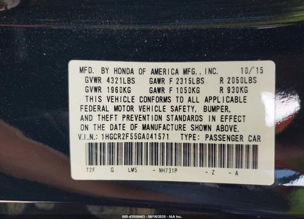 2016 HONDA ACCORD VIN: 1HGCR2F55GA041571