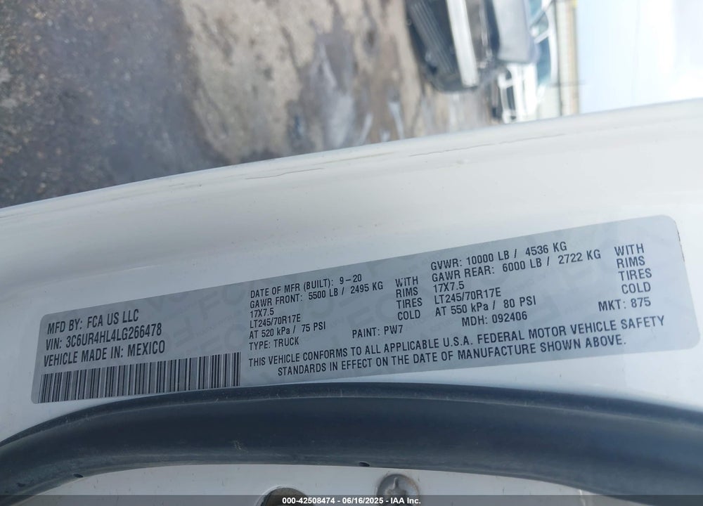 2020 RAM 2500 VIN: 3C6UR4HL4LG266478