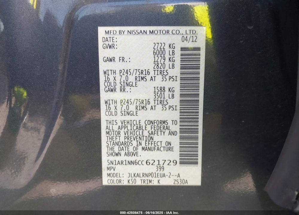 2012 NISSAN PATHFINDER VIN: 5N1AR1NN6CC621729