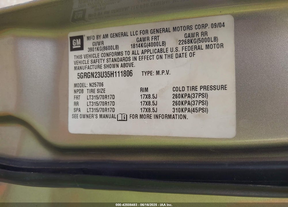 2005 HUMMER H2 SUV VIN: 5GRGN23U35H111806