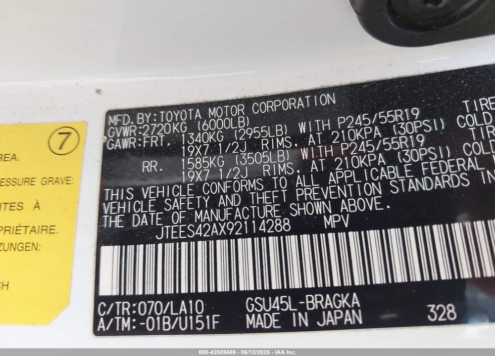 2009 TOYOTA HIGHLANDER LIMITED VIN: JTEES42AX92114288