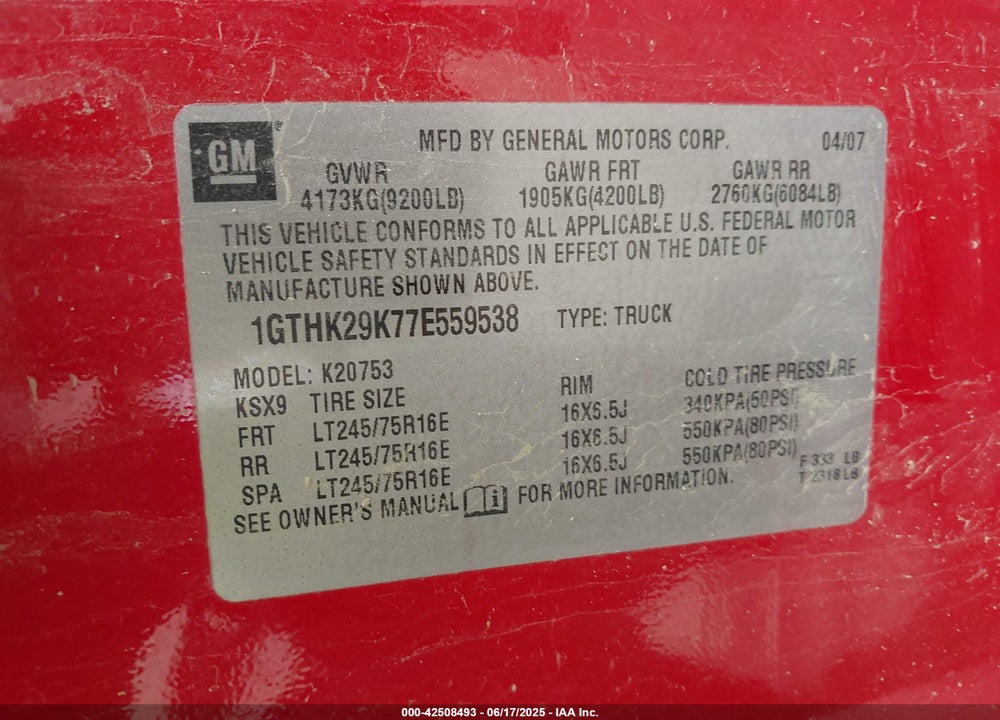 2007 GMC SIERRA 2500HD VIN: 1GTHK29K77E559538