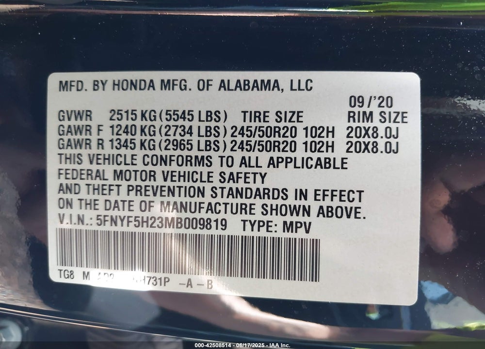 2021 HONDA PILOT VIN: 5FNYF5H23MB009819