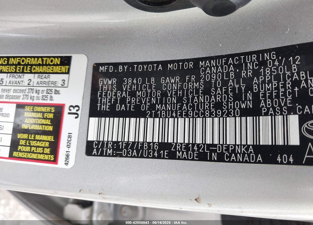 2012 TOYOTA COROLLA VIN: 2T1BU4EE9CC839230